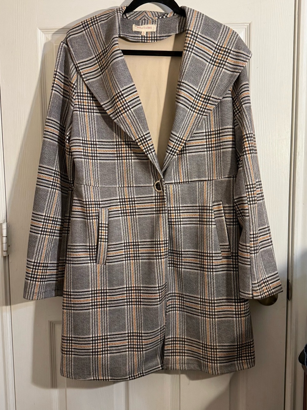 Women’s Solitaire Plaid Single-Button Coat - Gray/Tan size XL lite weight